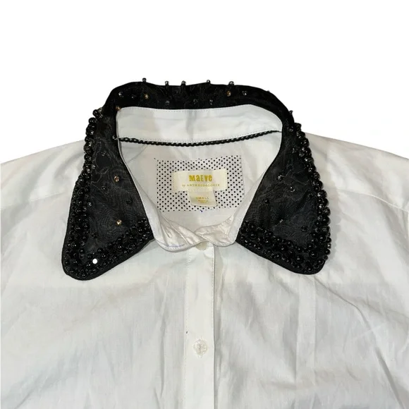 Anthropologie Maeve White Shirt with Black Sequin Collar - Picture 7 of 9
